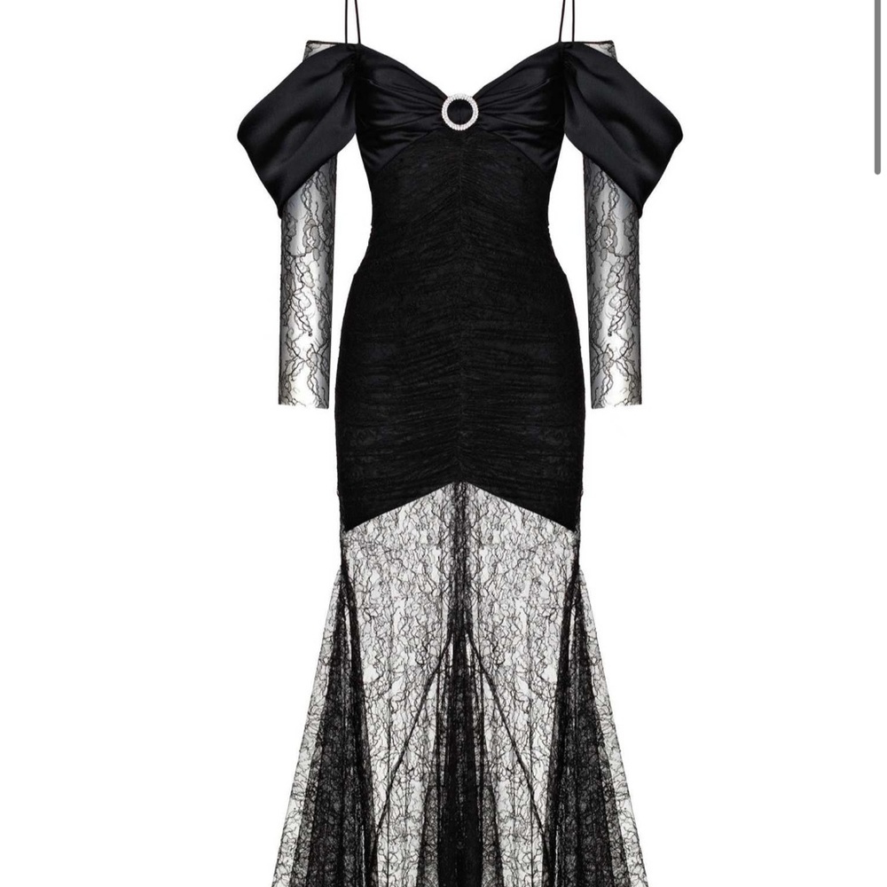 Rasario Off-The-Shoulder Draped Lace And Satin Gown